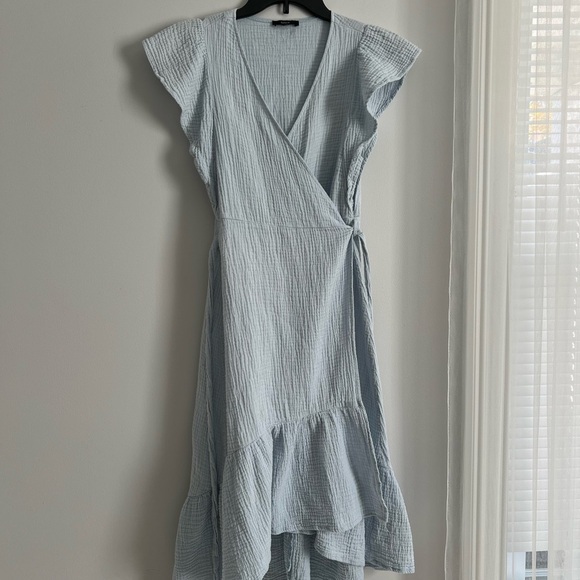 DREW Blue Asymmetrical Wrap Sundress - Picture 1 of 8